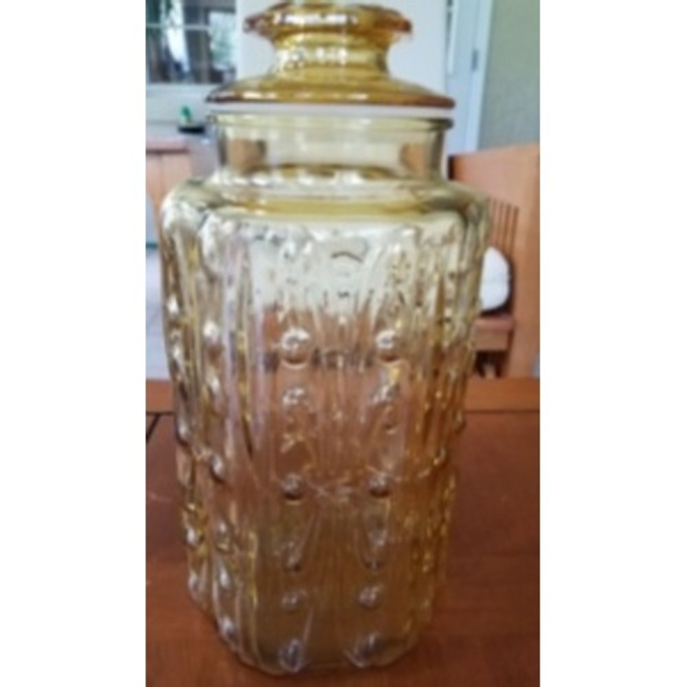 Vintage Amber Glass Canister Fleur De Lis Hobnail Octagon Jar with Lid